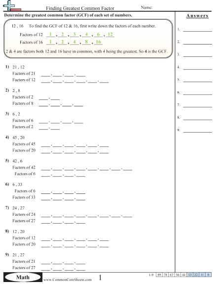 Factor Worksheets - Identifying Greatest Common Factor (With Help) worksheet